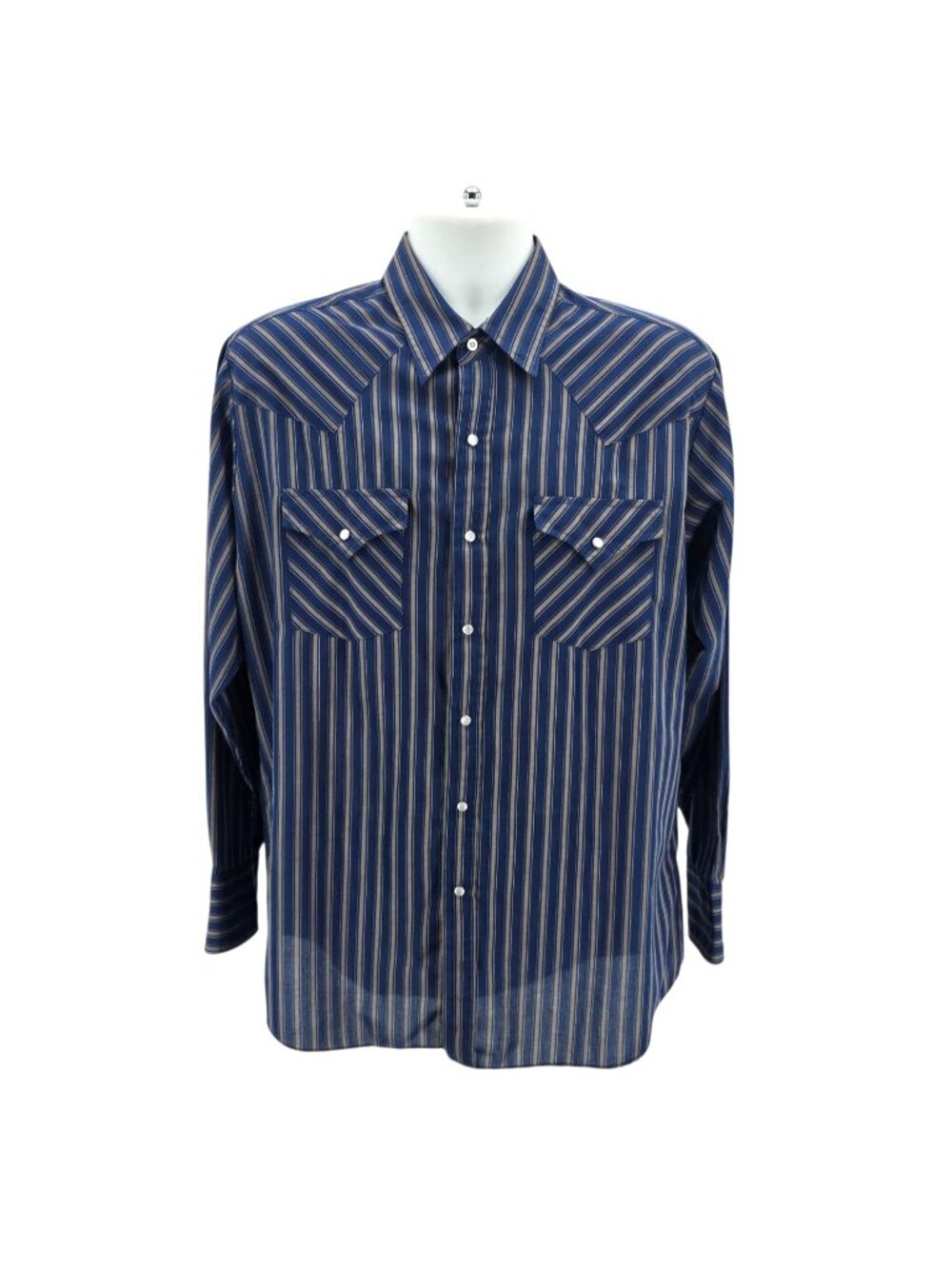 Ely Cattleman Mens Large Shirt Pearl Snap Button Striped Blue Tan Western Cowboy